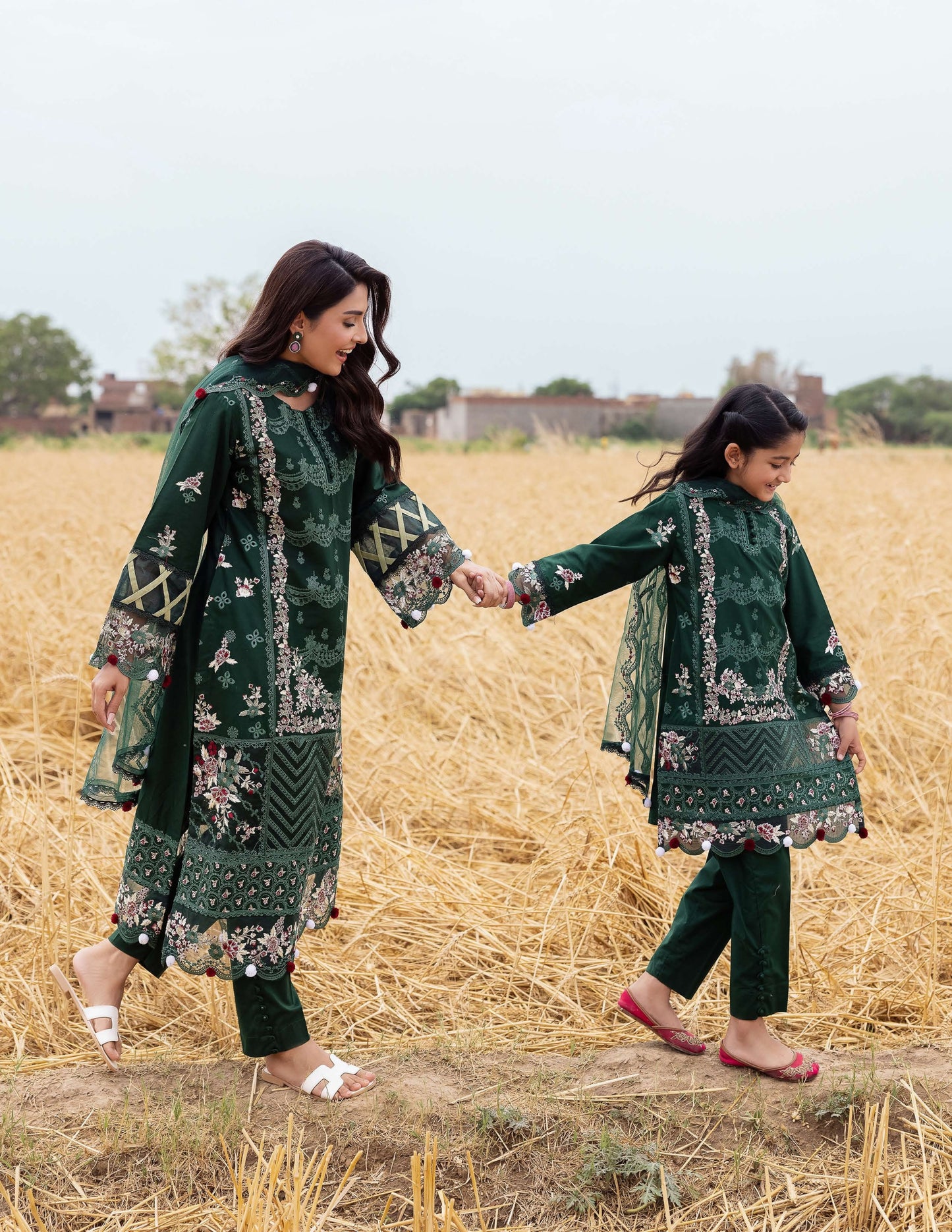 SIMRANS Heer premium 3 piece mummy & me Girls DGreen medium Eid outfit