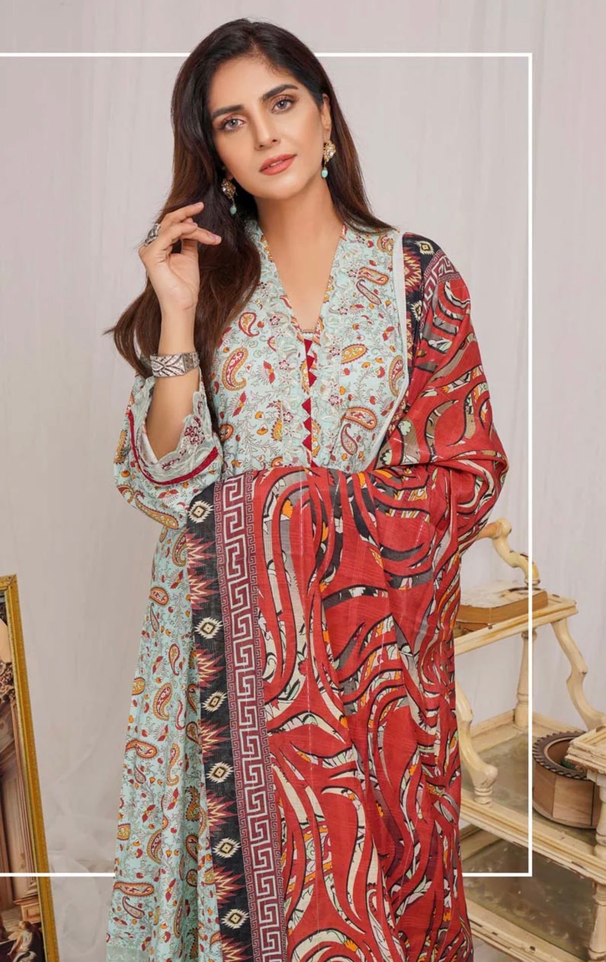 MUNIRA DIGITAL PRINT LINEN READY MADE OUTFIT WITH BAROSIA DUPATTA LLB13