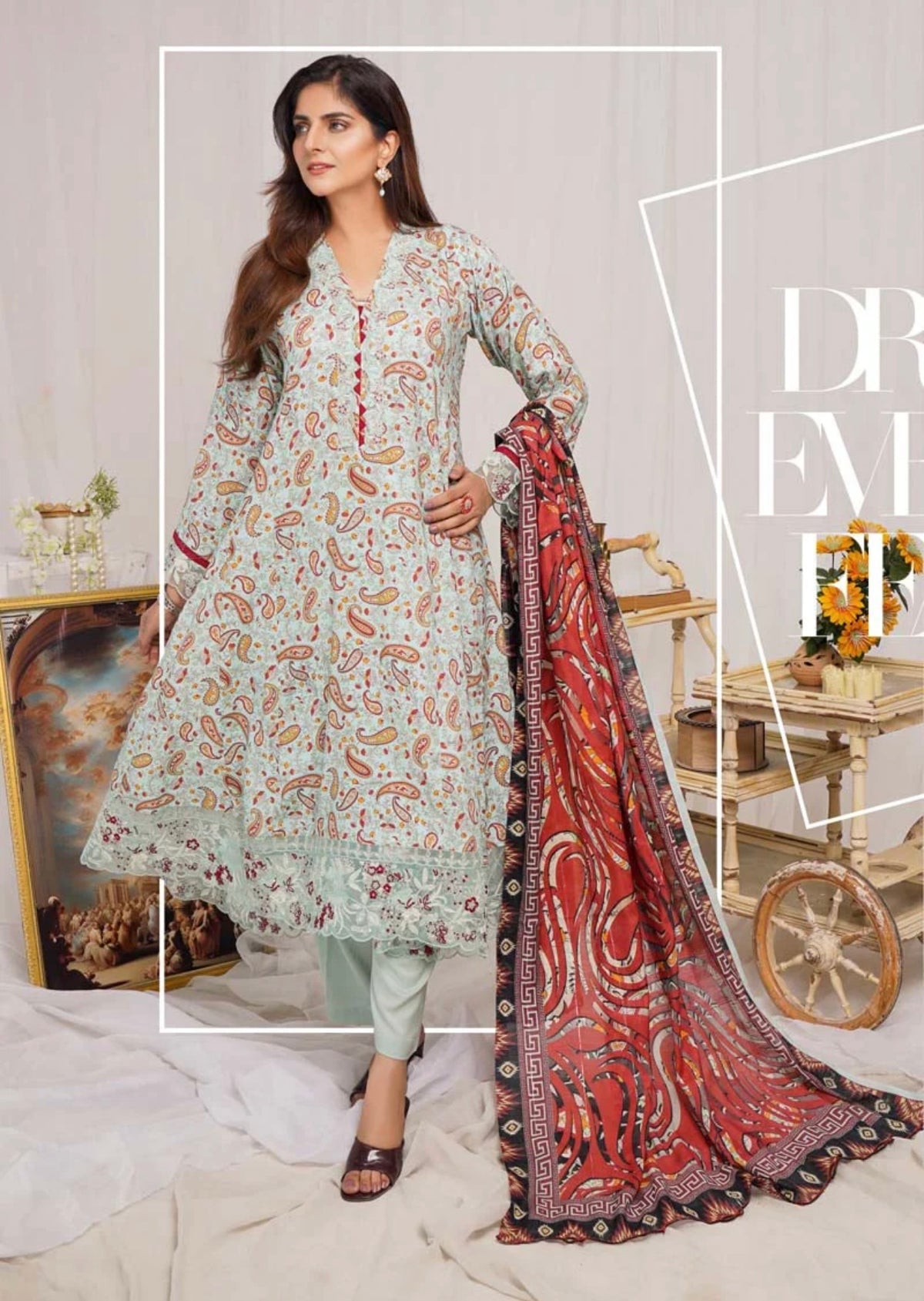 MUNIRA DIGITAL PRINT LINEN READY MADE OUTFIT WITH BAROSIA DUPATTA LLB13