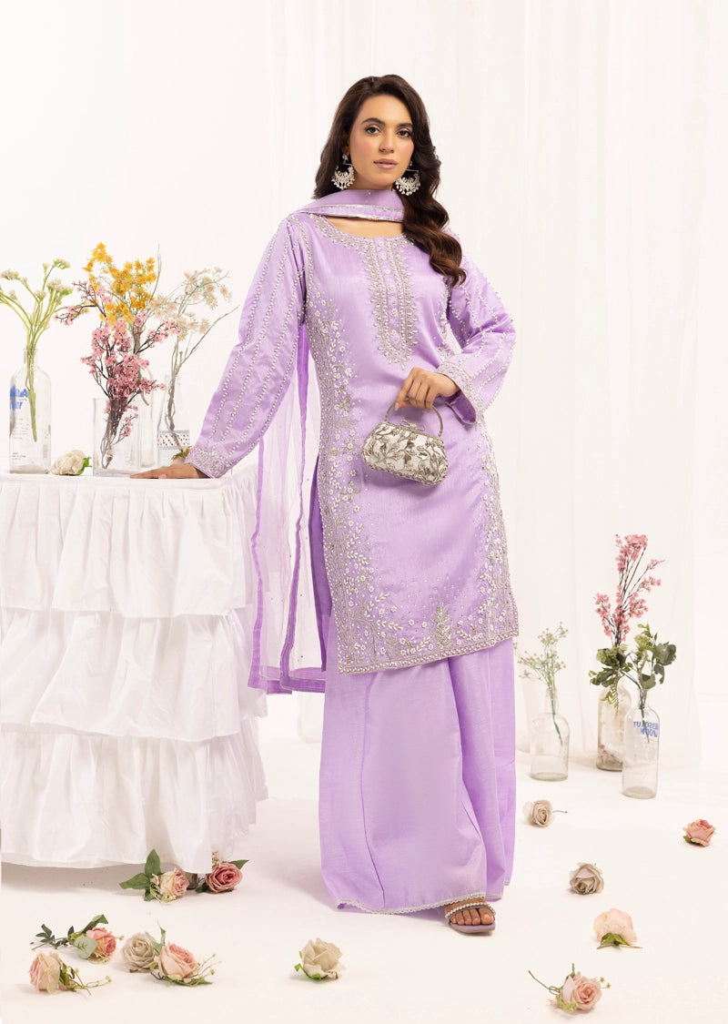 Mehak Ladies Raw Silk 3 Piece Sharara Wedding Outfit Lilac 131302