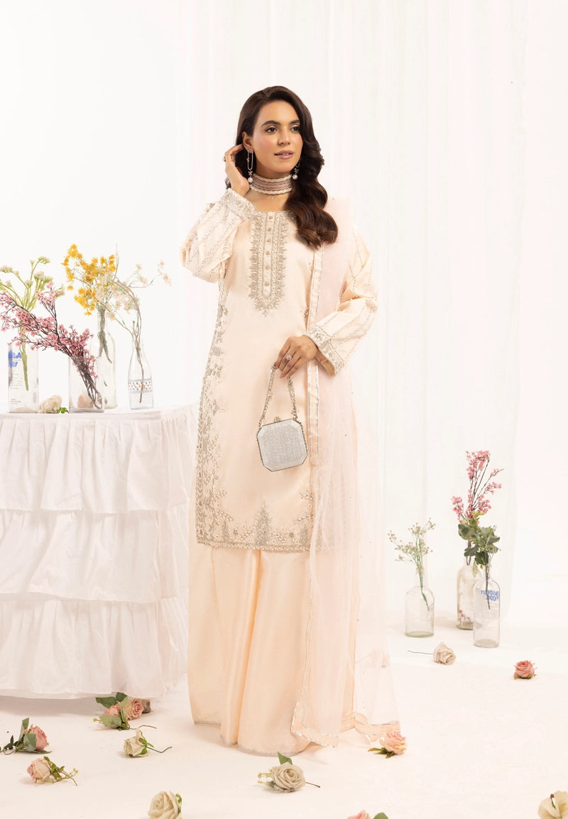 Mehak Ladies Raw Silk 3 Piece Sharara Wedding Outfit Peach 131301