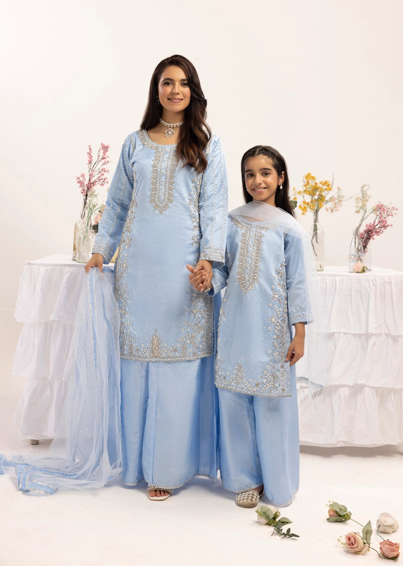 Mehak Ladies Raw Silk 3 Piece Sharara Wedding Outfit Blue 131303