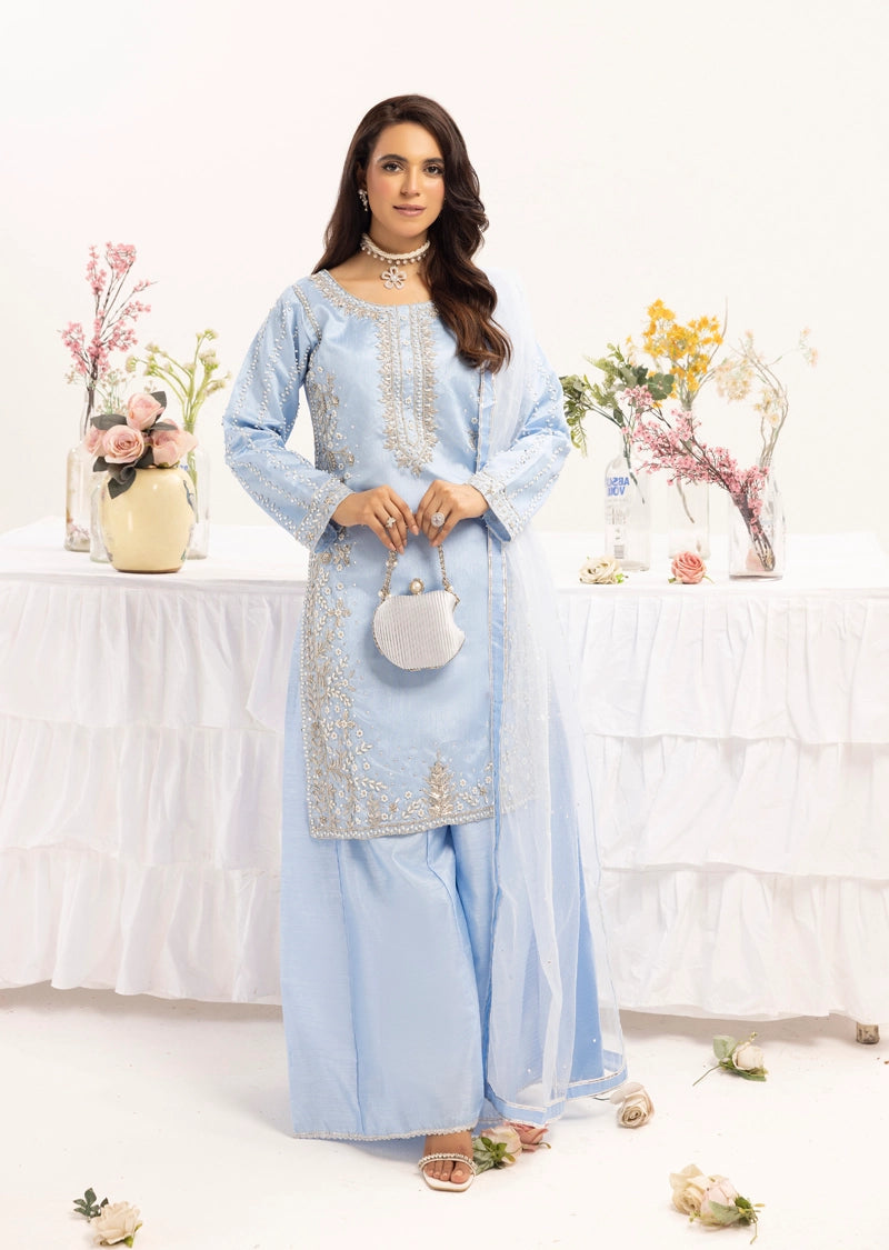 Mehak Ladies Raw Silk 3 Piece Sharara Wedding Outfit Blue 131303