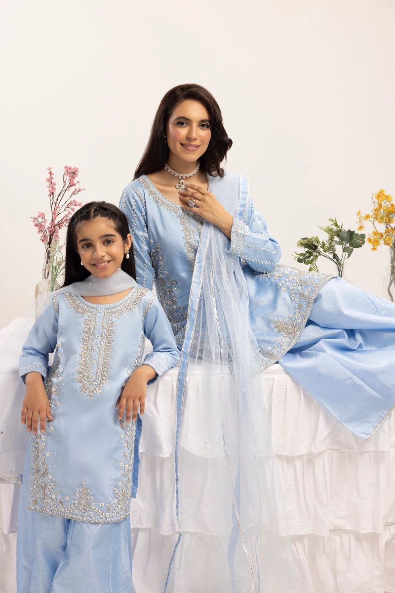 Mehak Ladies Raw Silk 3 Piece Sharara Wedding Outfit Blue 131303