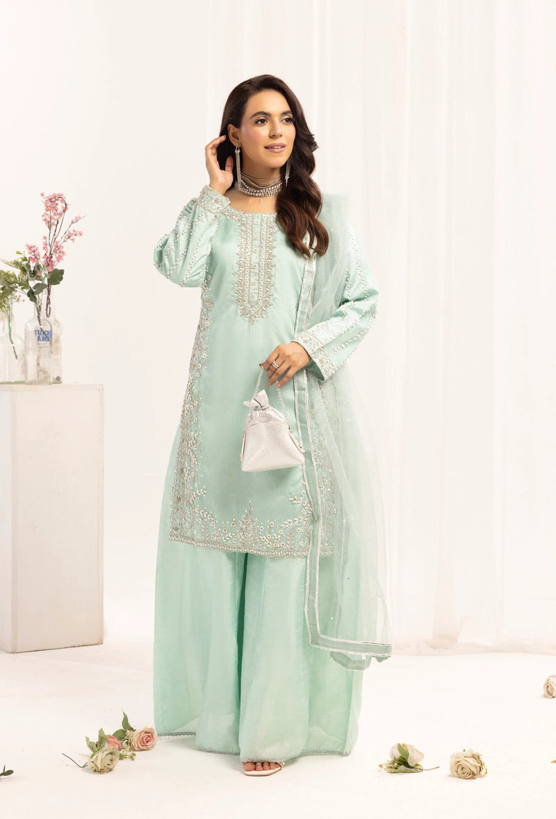 Mehak Ladies Raw Silk 3 Piece Sharara Wedding Outfit Green 131304