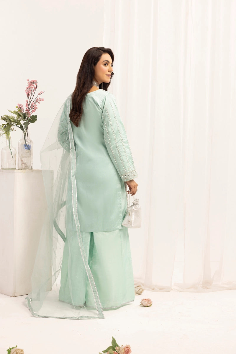 Mehak Ladies Raw Silk 3 Piece Sharara Wedding Outfit Green 131304