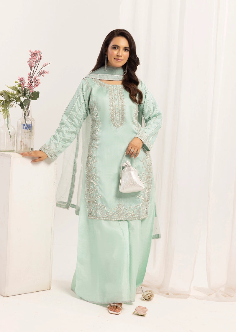 Mehak Ladies Raw Silk 3 Piece Sharara Wedding Outfit Green 131304
