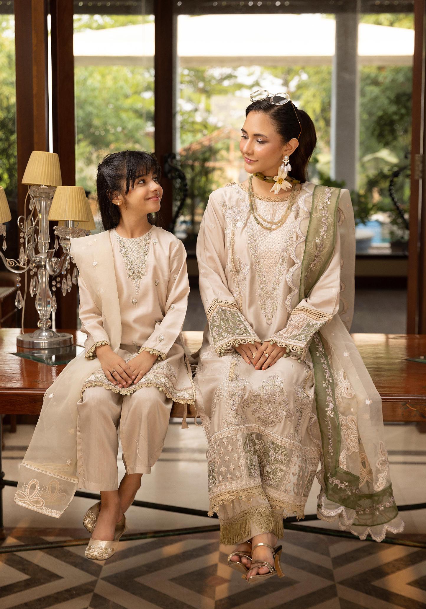 SIMRANS Khaas premium 3 piece mummy & me Girls Beige Eid outfit.