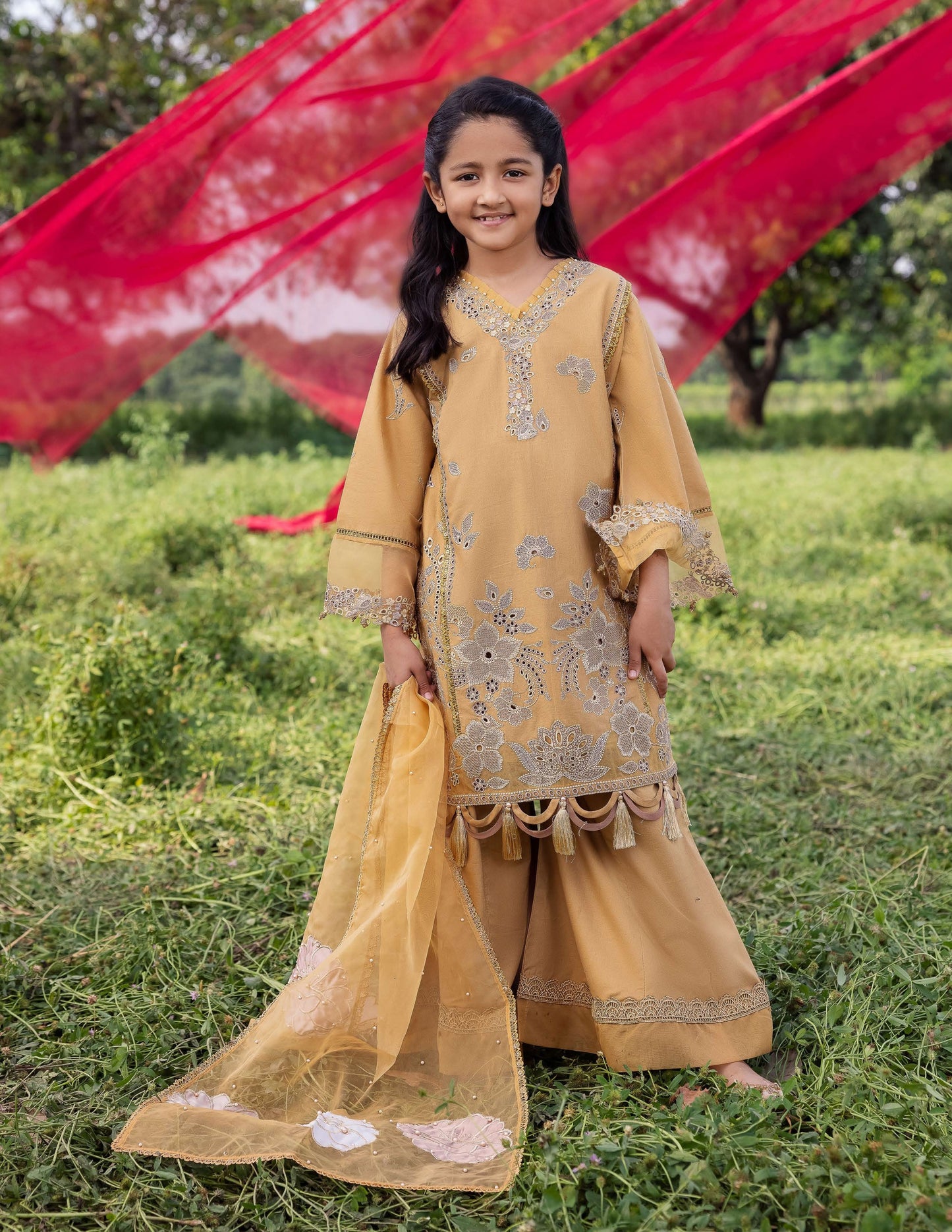 SIMRANS Heer premium 3 piece mummy & me Girls Mustar medium Eid outfit