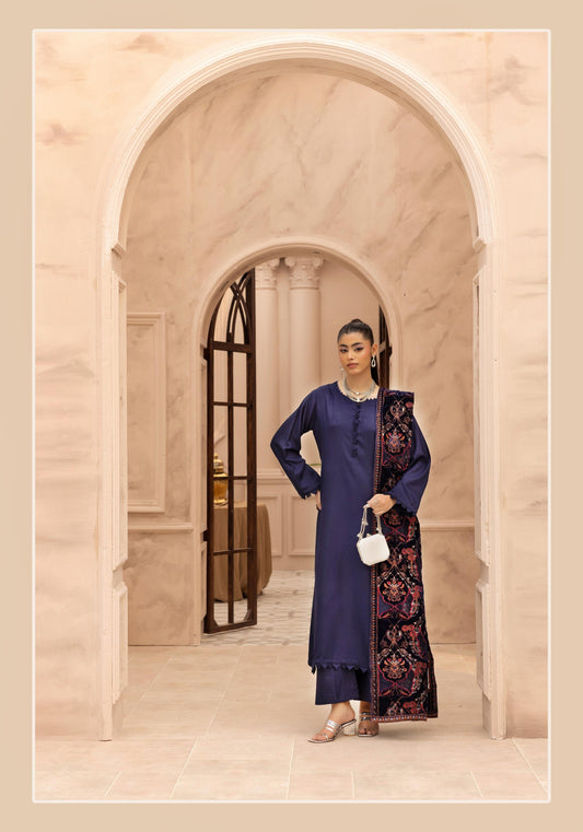 Simrans Hanna Dhanak 3PC Embroidered Readymade Suit with Velvet Shawl SHD24