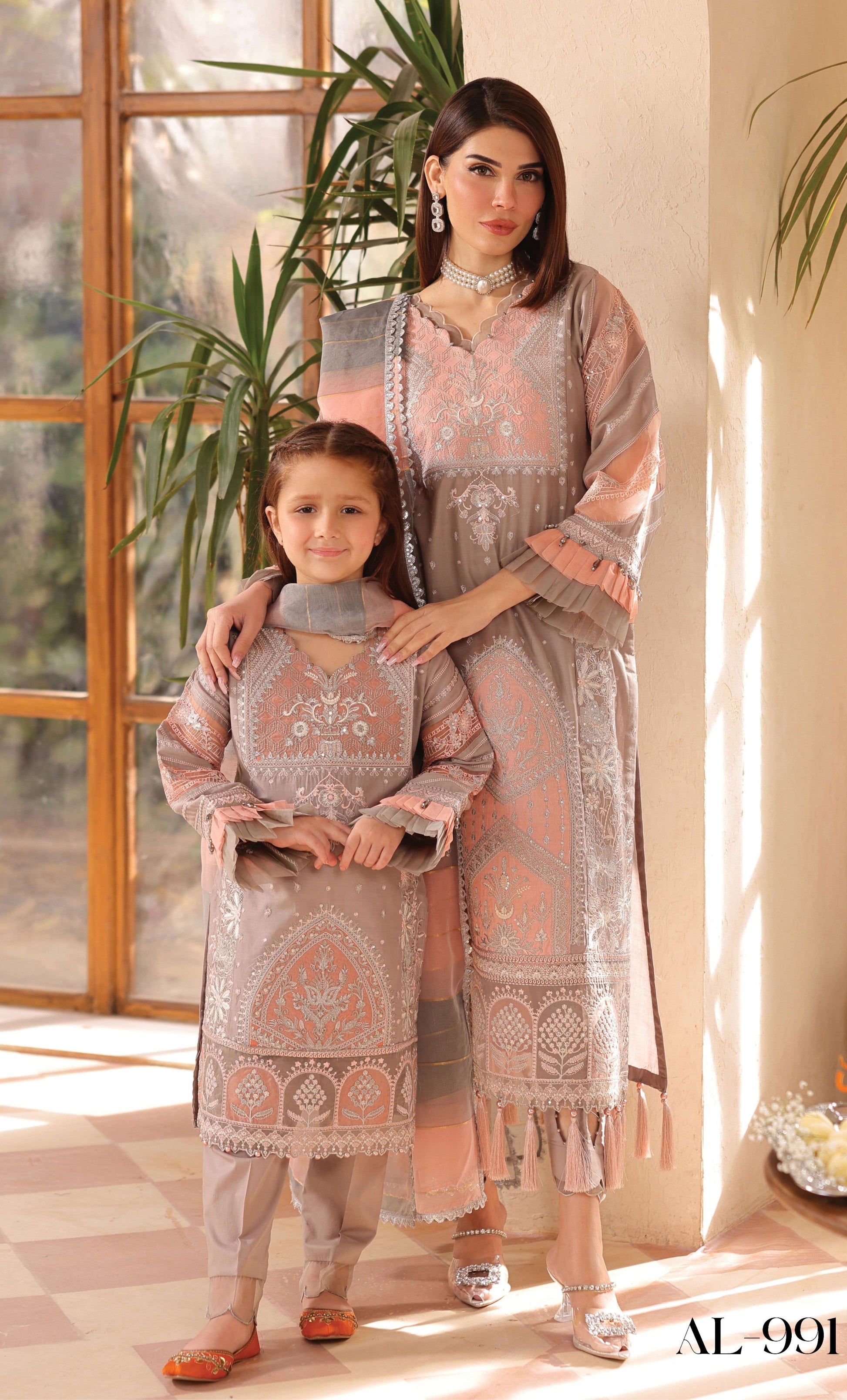 SIMRANS Lamhey Eid collection 3 piece chikan kari embroidered readymade suit Mummy & Me - 3404 - S&S