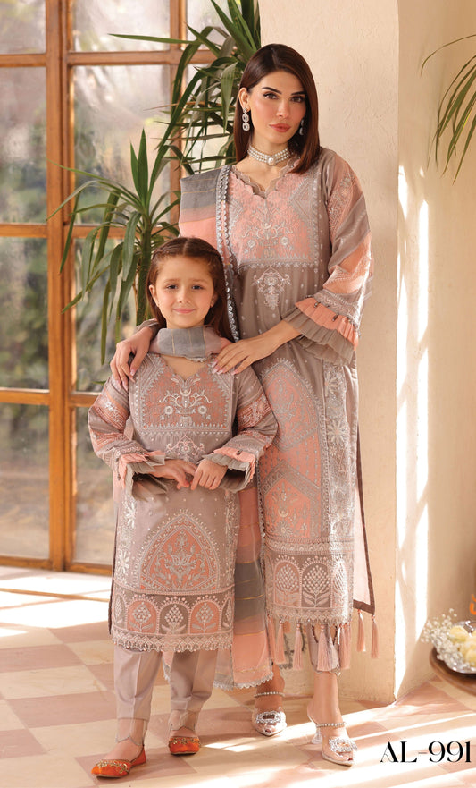 SIMRANS Lamhey Eid collection 3 piece chikan kari embroidered readymade suit Mummy & Me - 3404 - S&S