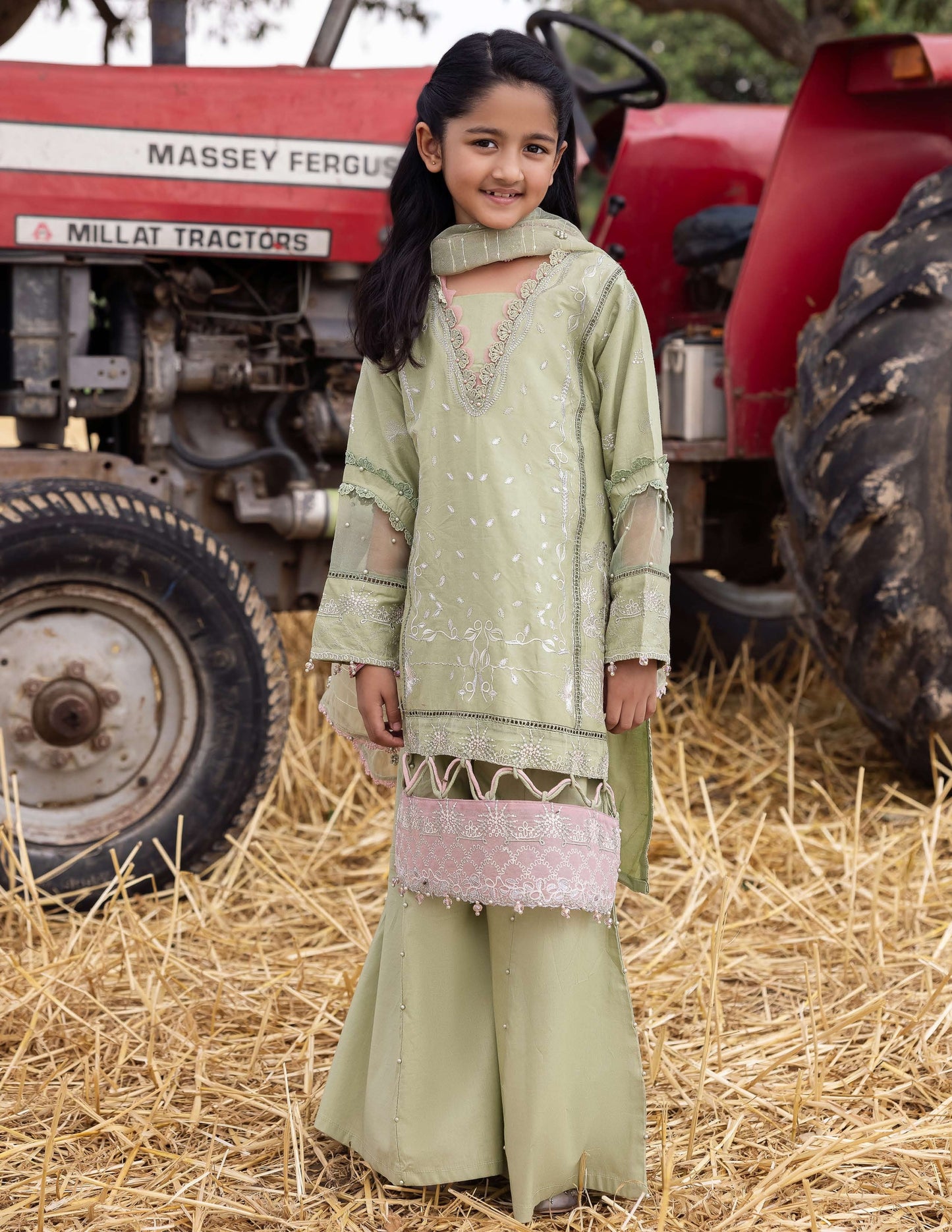 SIMRANS Heer premium 3 piece mummy & me Girls Green medium Eid outfit