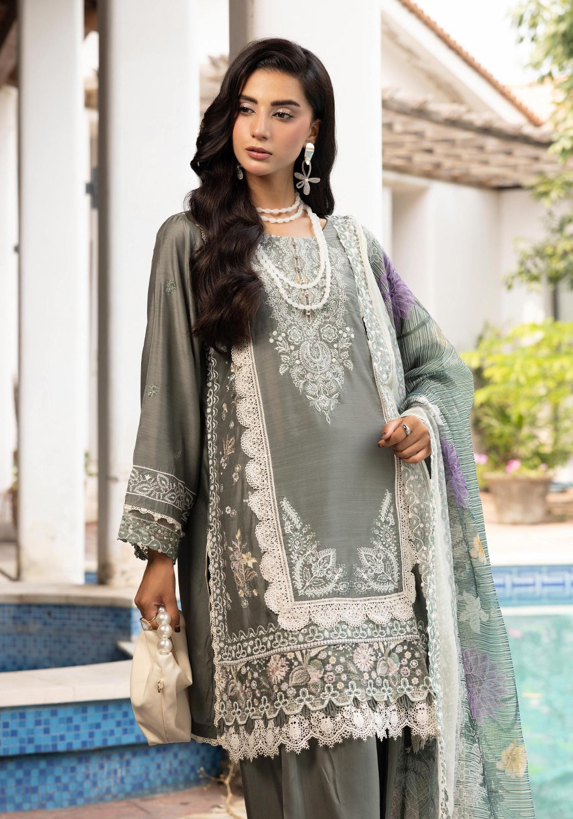 SIMRANS Khaas premium 3 piece mummy & me Ledies Grey Eid outfit.BK08
