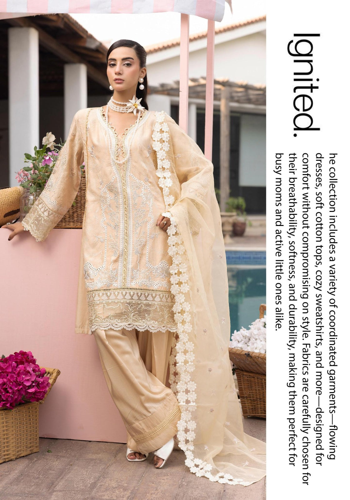 SIMRANS Khaas premium 3 piece mummy & me Ledies Beige Eid outfitCK05