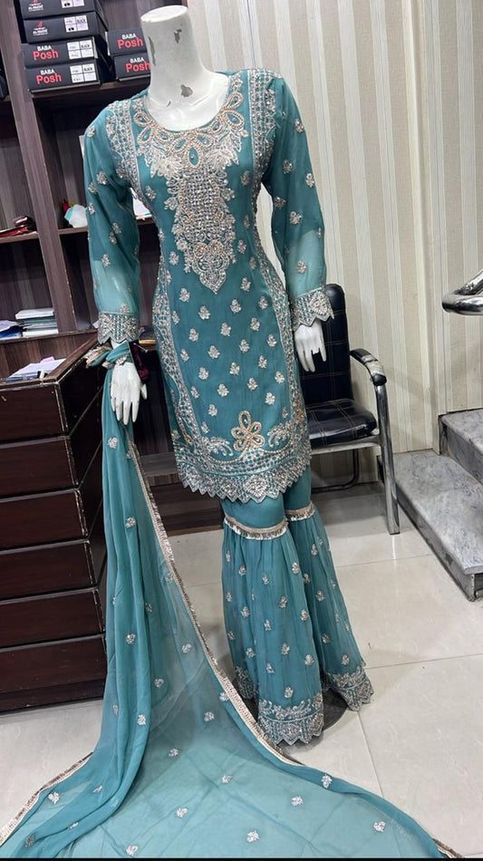 SHAZAIB | EMBROIDERED CHIFFON SHARARAH 3PC READYMADE | SZ186 - S&S