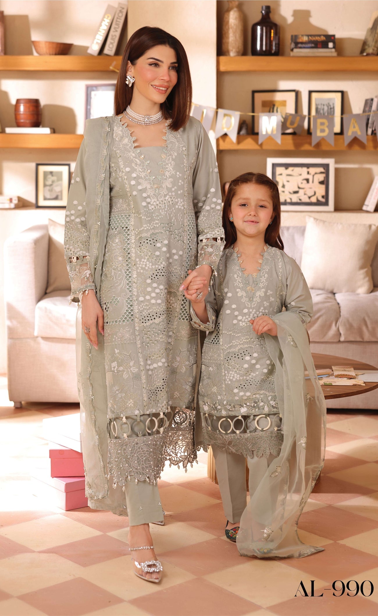 SIMRANS LAMHEY EID COLLECTION 3 PIECE CHIKAN KARI EMBROIDERED READYMADE SUIT MUMMY & ME - 3406 - S&S