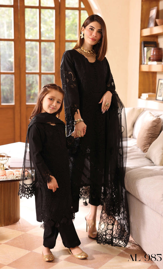 SIMRANS LAMHEY EID COLLECTION 3 PIECE CHIKAN KARI EMBROIDERED READYMADE SUIT MUMMY & ME - 3407 - S&S