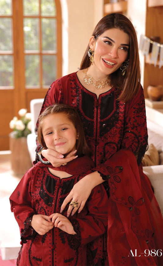 SIMRANS LAMHEY EID COLLECTION 3 PIECE CHIKAN KARI EMBROIDERED READYMADE SUIT MUMMY & ME - 3405 - S&S
