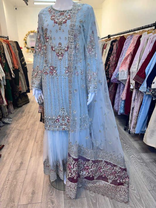 SIMRANS IMROZIA PREMIUM INSPIRED EMBROIDERED 3 PIECE NET/CHIFFON WEDDING GHARARA OUTFIT