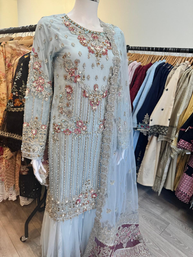 SIMRANS IMROZIA PREMIUM INSPIRED EMBROIDERED 3 PIECE NET/CHIFFON WEDDING GHARARA OUTFIT
