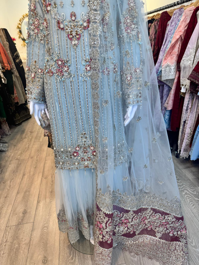 SIMRANS IMROZIA PREMIUM INSPIRED EMBROIDERED 3 PIECE NET/CHIFFON WEDDING GHARARA OUTFIT