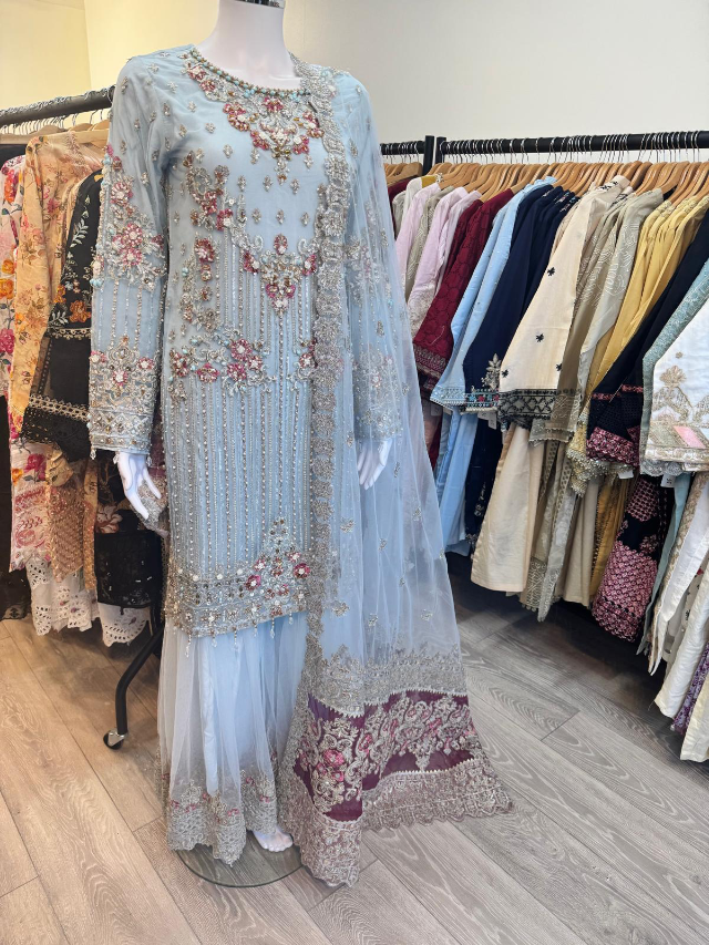 SIMRANS IMROZIA PREMIUM INSPIRED EMBROIDERED 3 PIECE NET/CHIFFON WEDDING GHARARA OUTFIT