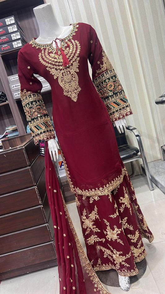 Shazaib Mehnoor Embroidered Chiffon 3-Piece – Mummy & Me Ledies Red  Outfit