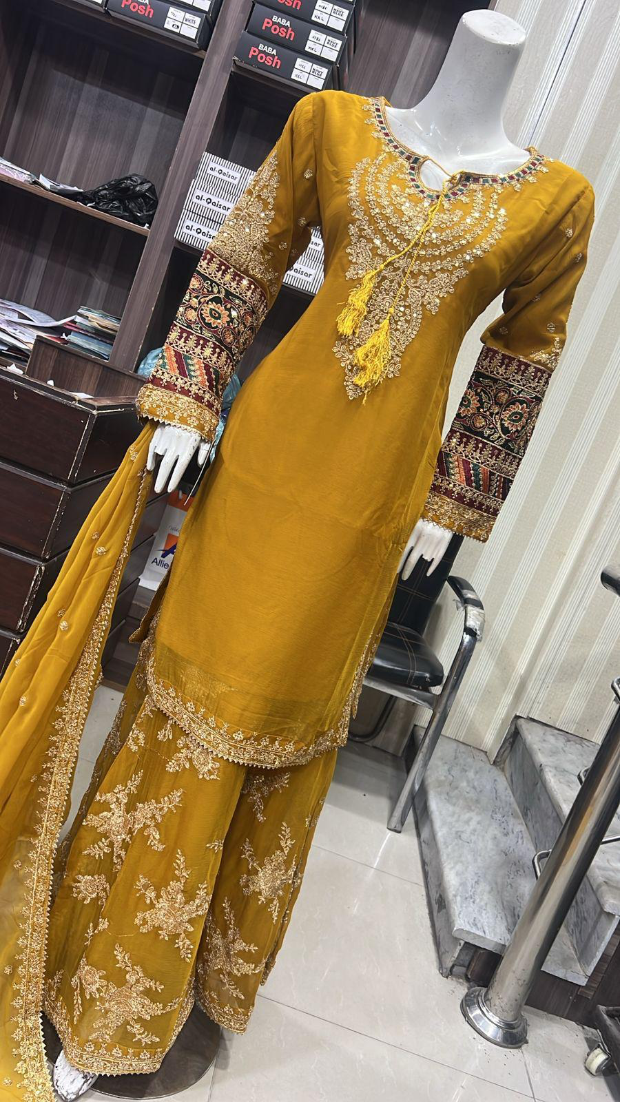 Shazaib Embroidered Chiffon 3-Piece – Mummy & Me Ledies yellow Outfit