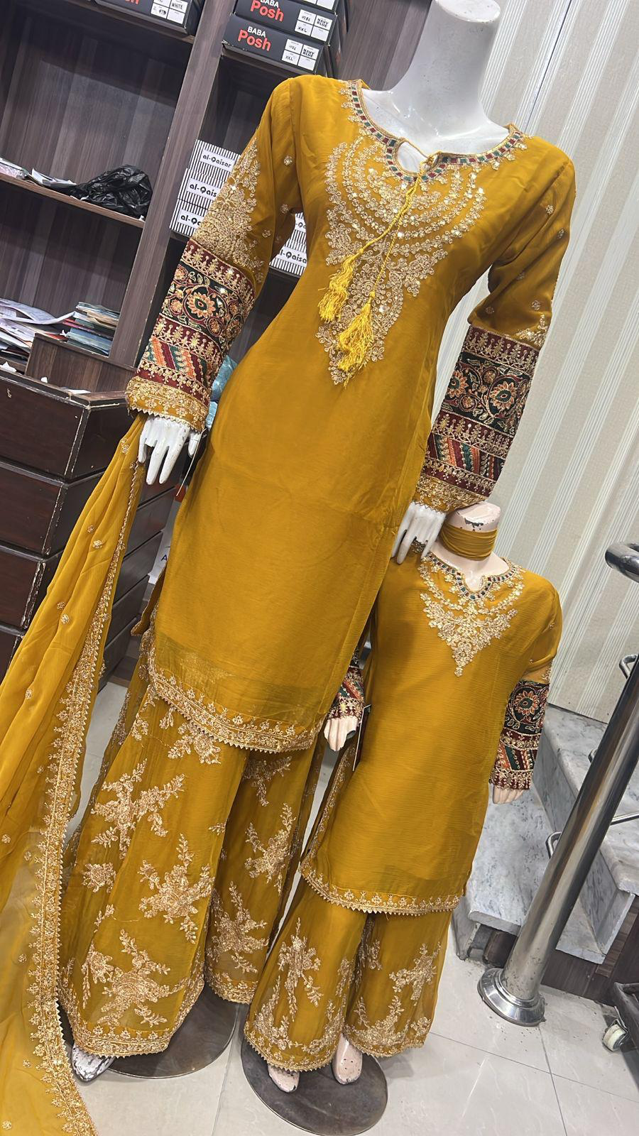 Shazaib Embroidered Chiffon 3-Piece – Mummy & Me Ledies yellow Outfit