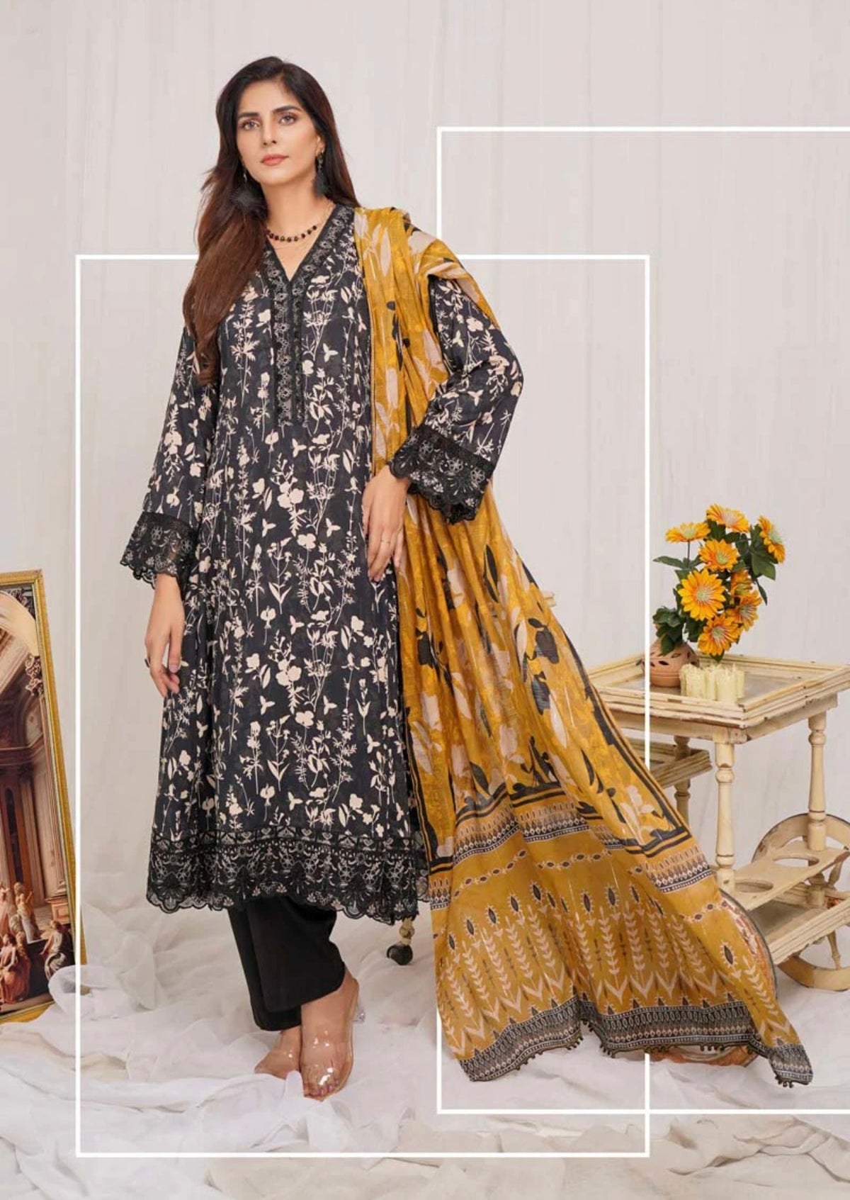 Munira Digital Print Linen readymade Outfit with Barosia Dupatta MSp13