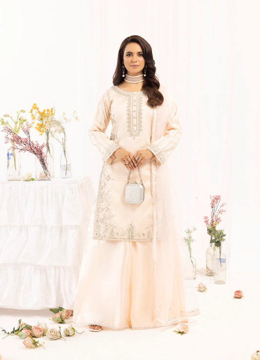 Mehak Ladies Raw Silk 3 Piece Sharara Wedding Outfit Peach 131301