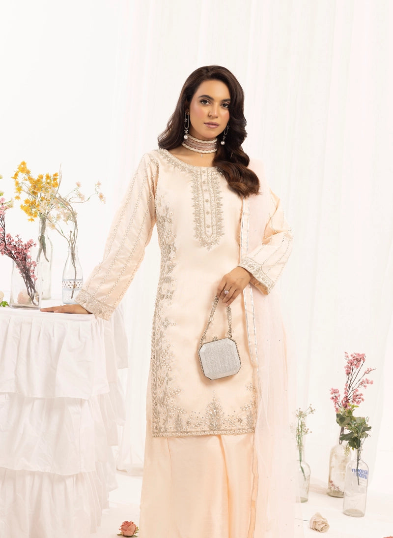 Mehak Ladies Raw Silk 3 Piece Sharara Wedding Outfit Peach 131301