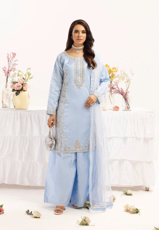 Mehak Ladies Raw Silk 3 Piece Sharara Wedding Outfit Blue 131303