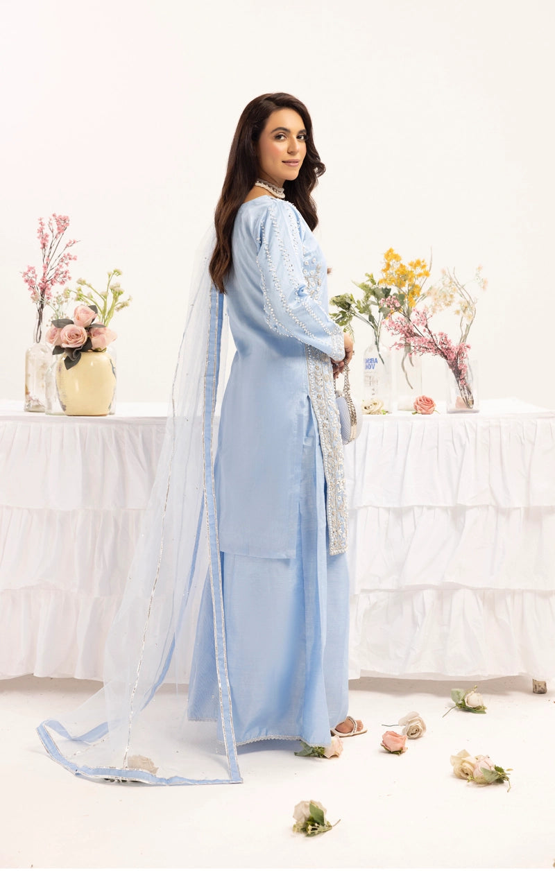 Mehak Ladies Raw Silk 3 Piece Sharara Wedding Outfit Blue 131303