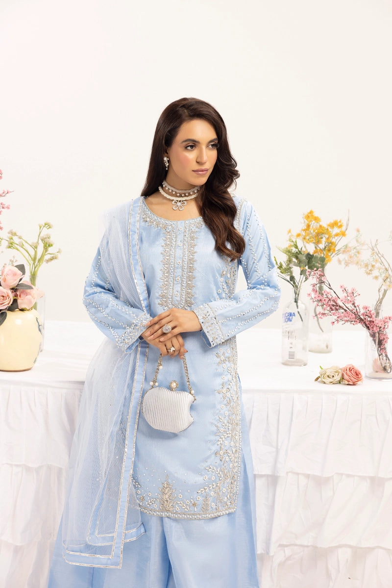 Mehak Ladies Raw Silk 3 Piece Sharara Wedding Outfit Blue 131303