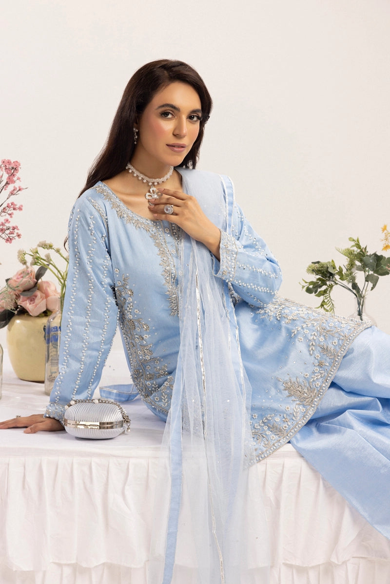 Mehak Ladies Raw Silk 3 Piece Sharara Wedding Outfit Blue 131303