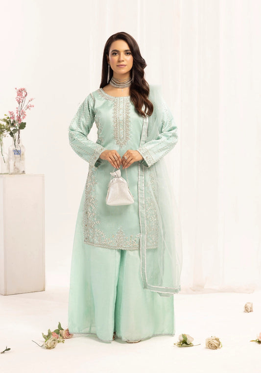 Mehak Ladies Raw Silk 3 Piece Sharara Wedding Outfit Green 131304