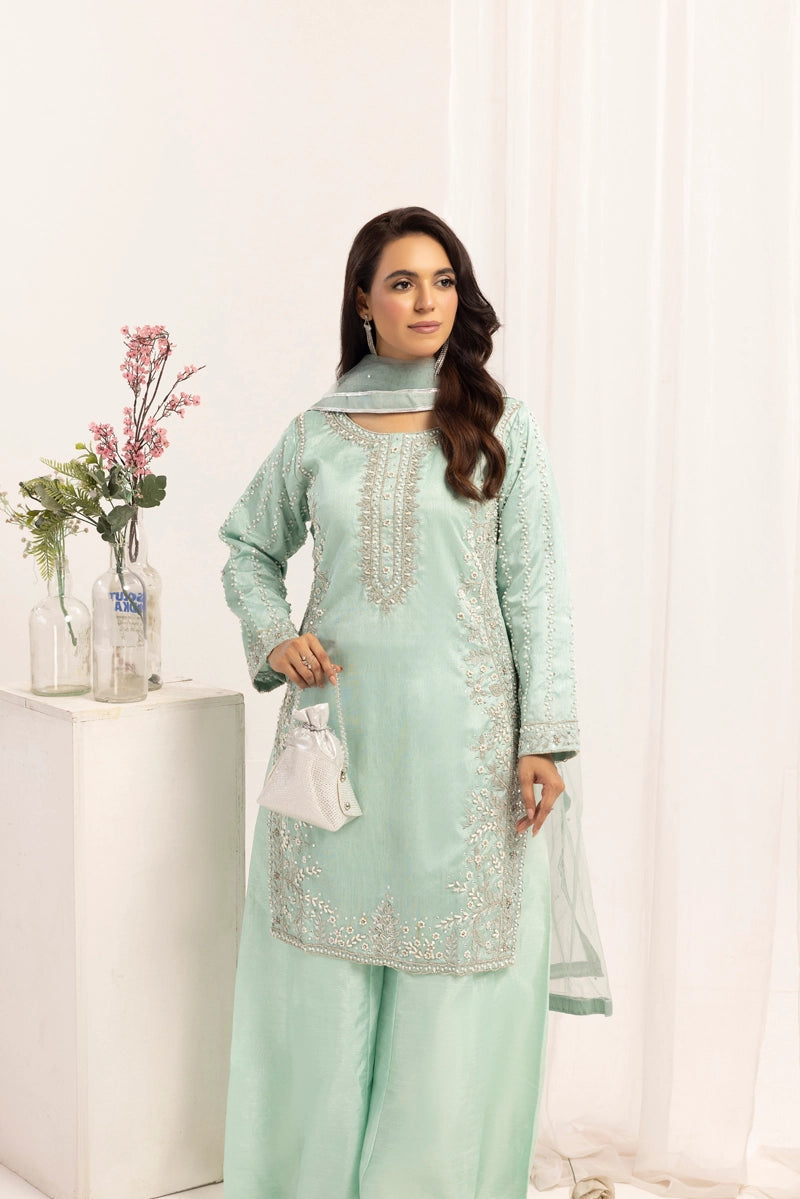 Mehak Ladies Raw Silk 3 Piece Sharara Wedding Outfit Green 131304