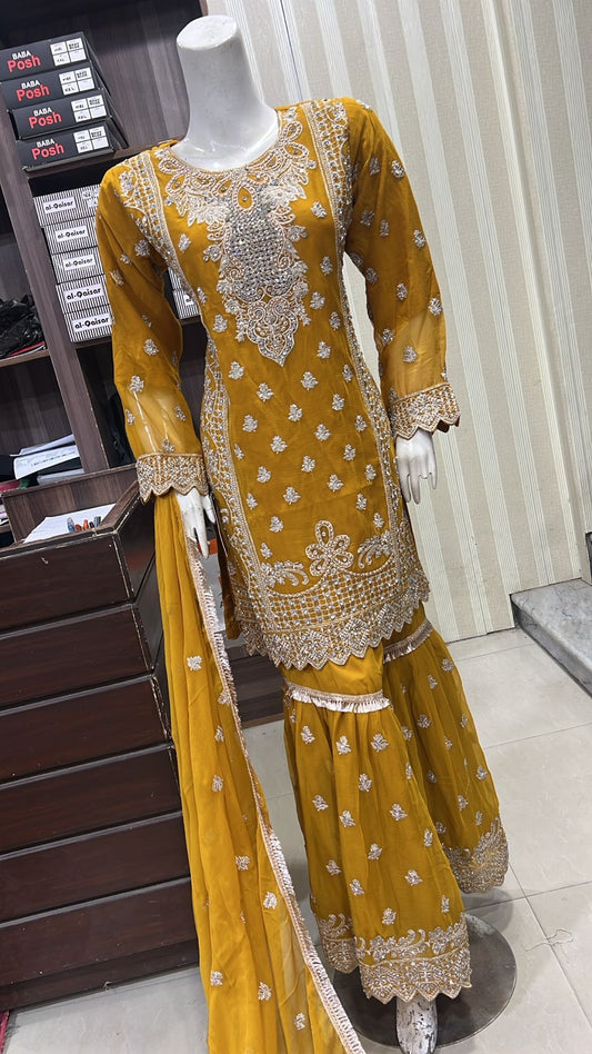 Shazaib Embroidered Chiffon 3-Piece – Mummy & Me Ledies yellow OutfitSHZ01