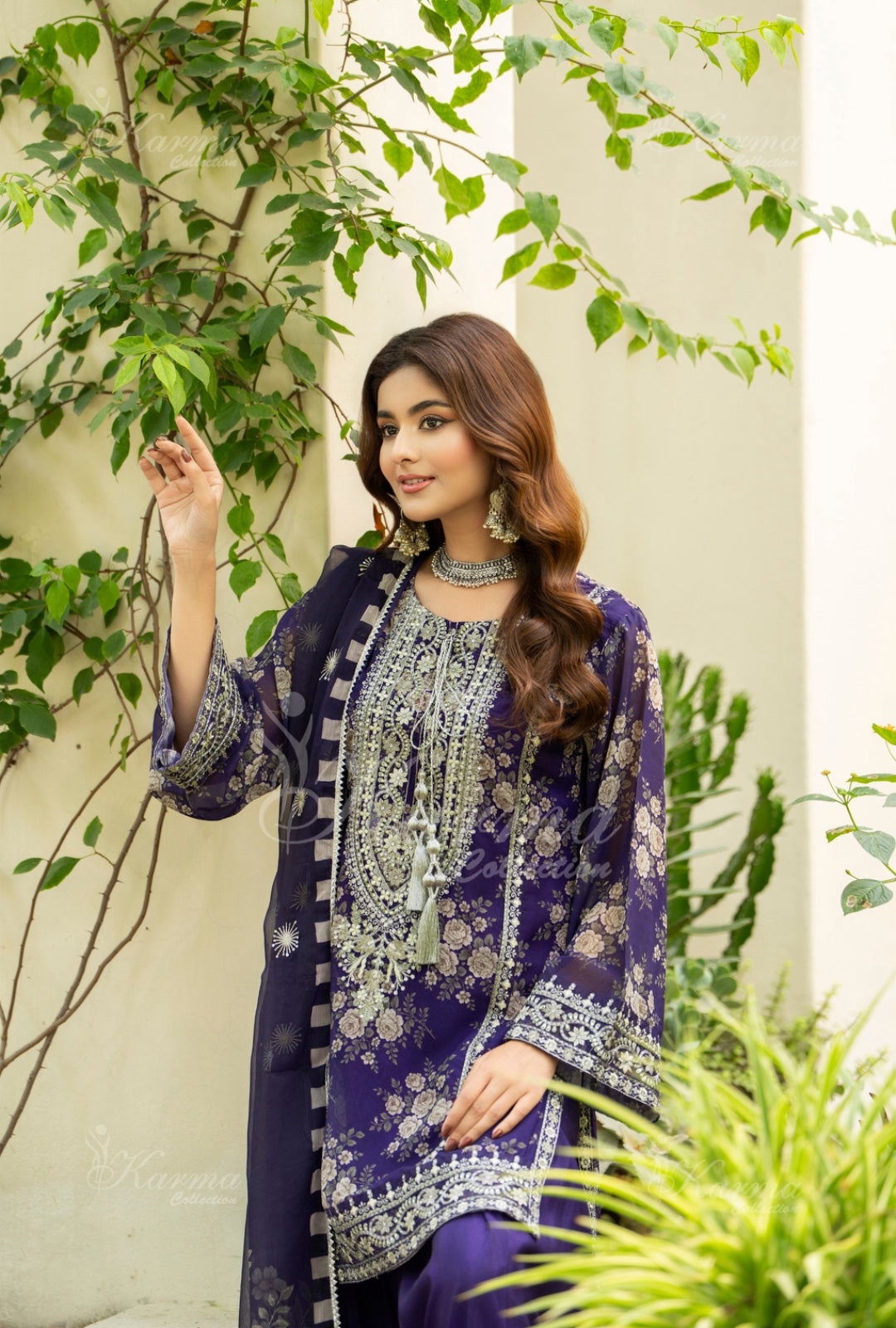 Karma Embroidered Chiffon Shirt with Matte Thread Work KNC12