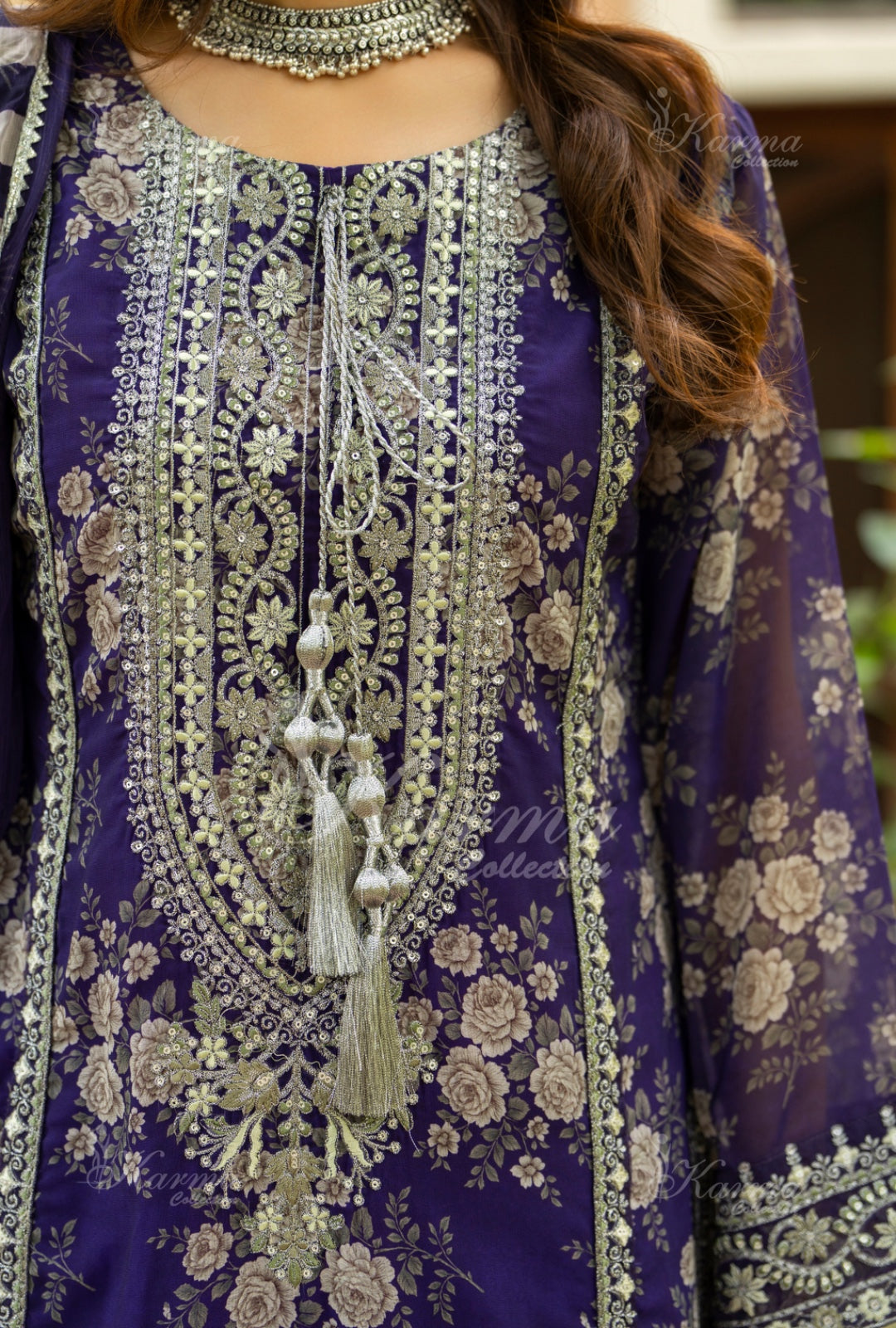 Karma Embroidered Chiffon Shirt with Matte Thread Work KNC12