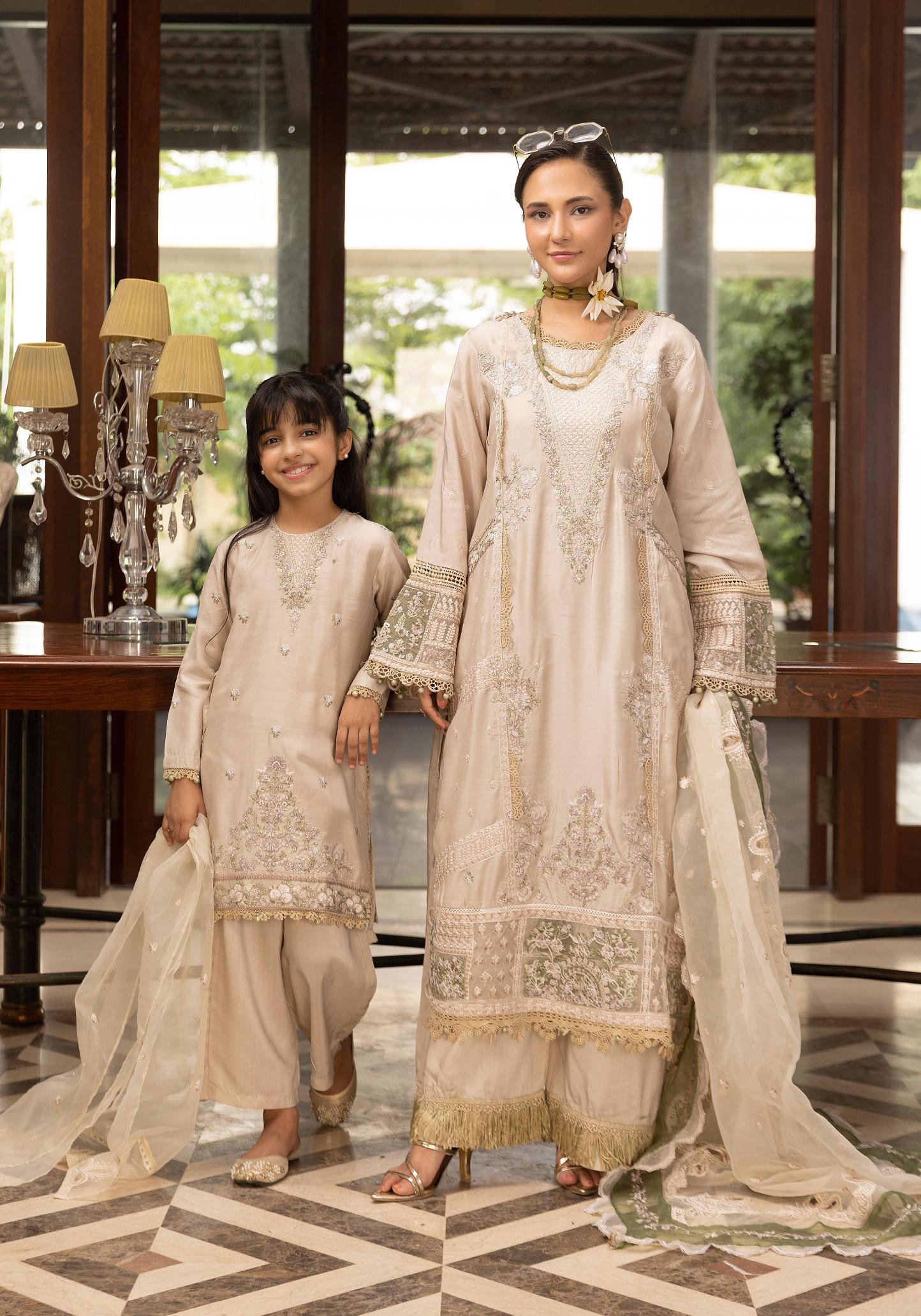 SIMRANS Khaas premium 3 piece mummy & me Girls Beige Eid outfit.