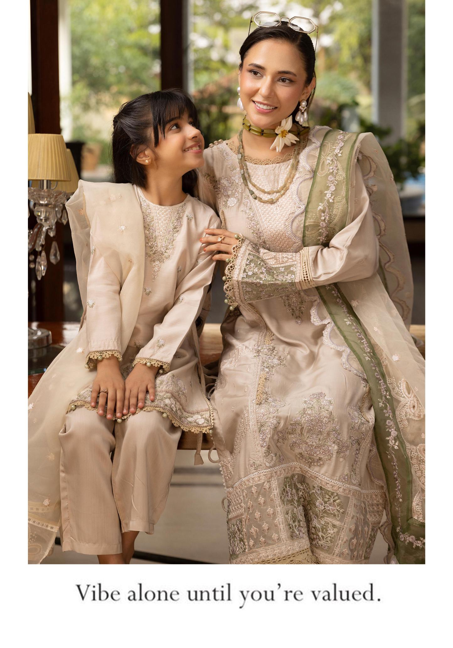 SIMRANS Khaas premium 3 piece mummy & me Girls Beige Eid outfit.