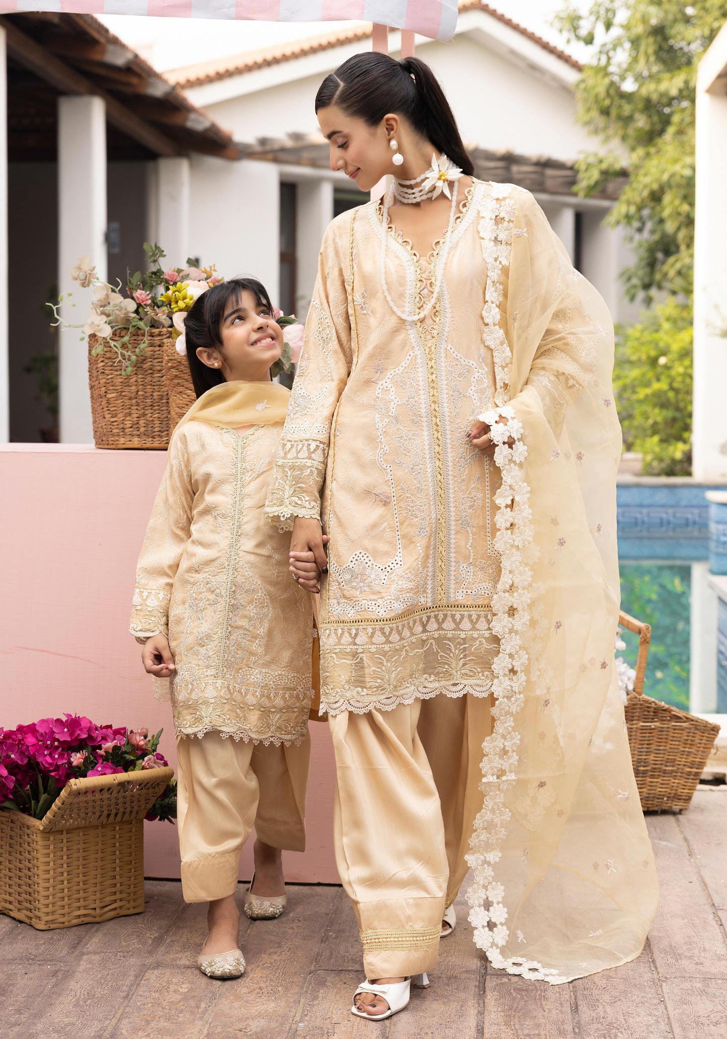 SIMRANS Khaas premium 3 piece mummy & me Girls Beige Eid outfit