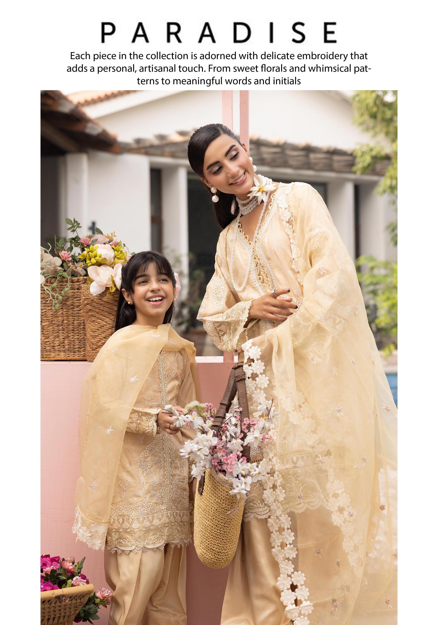 SIMRANS Khaas premium 3 piece mummy & me Girls Beige Eid outfit