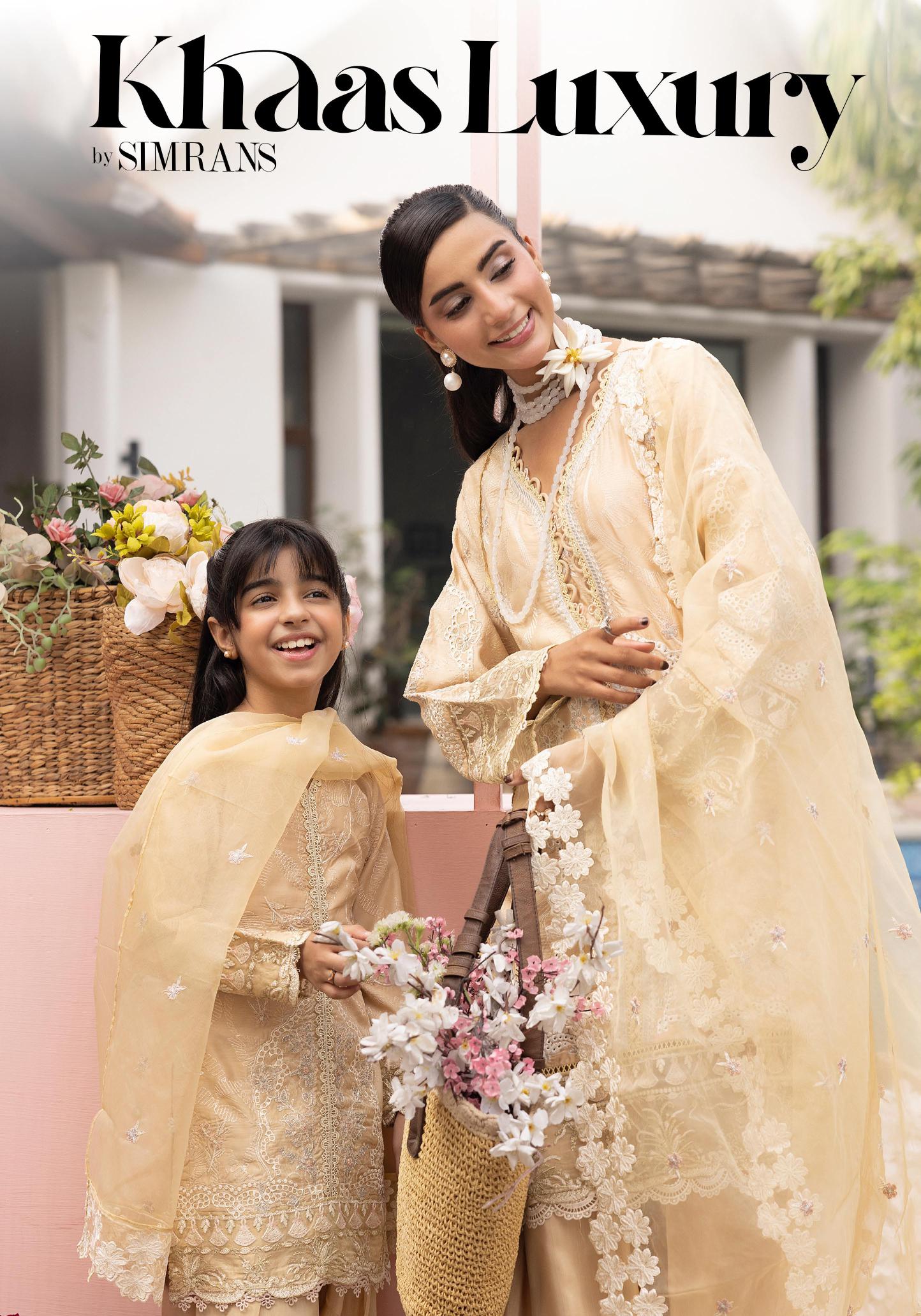 SIMRANS Khaas premium 3 piece mummy & me Girls Beige Eid outfit