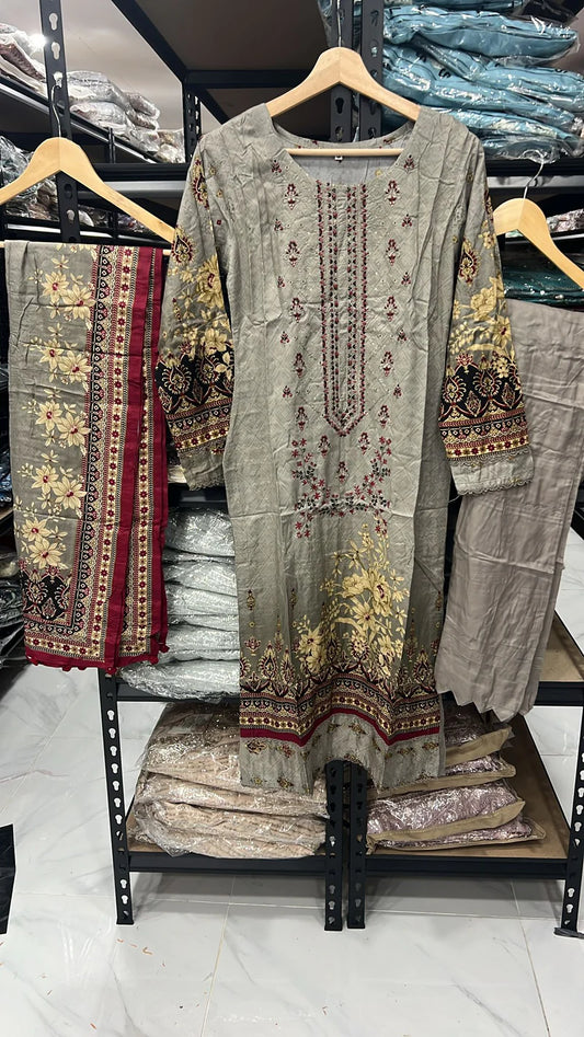 NAKHRA COLLECTIONS EMBROIDERED 3PC LINEN READYMADE | SUKH01